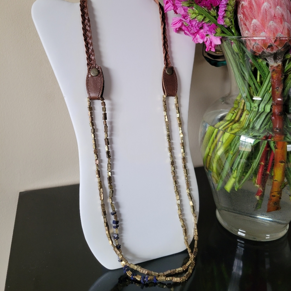 Leather Braided Bronze Navy Beaded Wrap Necklace